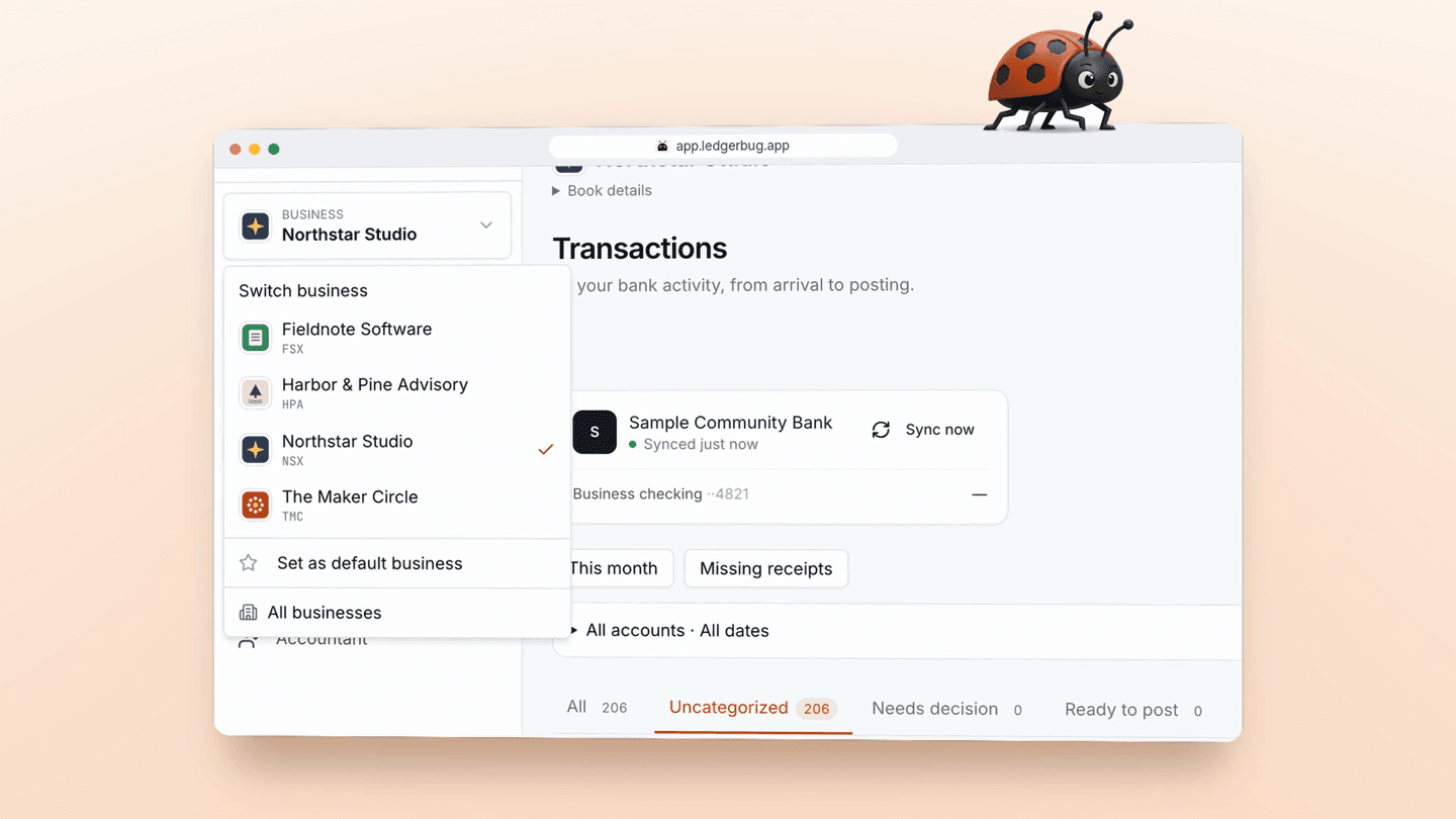 LedgerBug’s business switcher showing four sample businesses, each with separate books