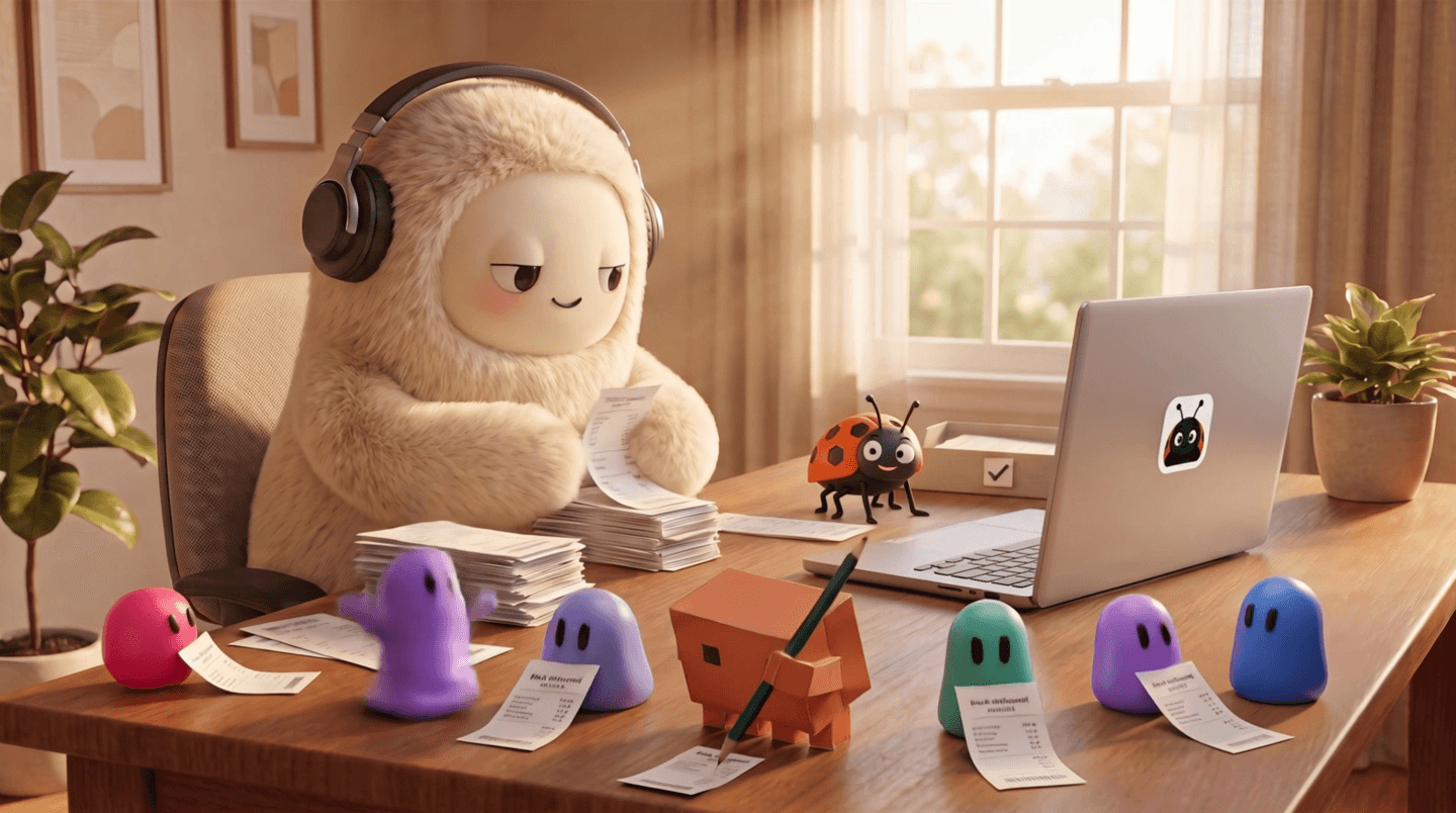 LedgerBug surrounded by a colorful crew of helpful agents at the desk